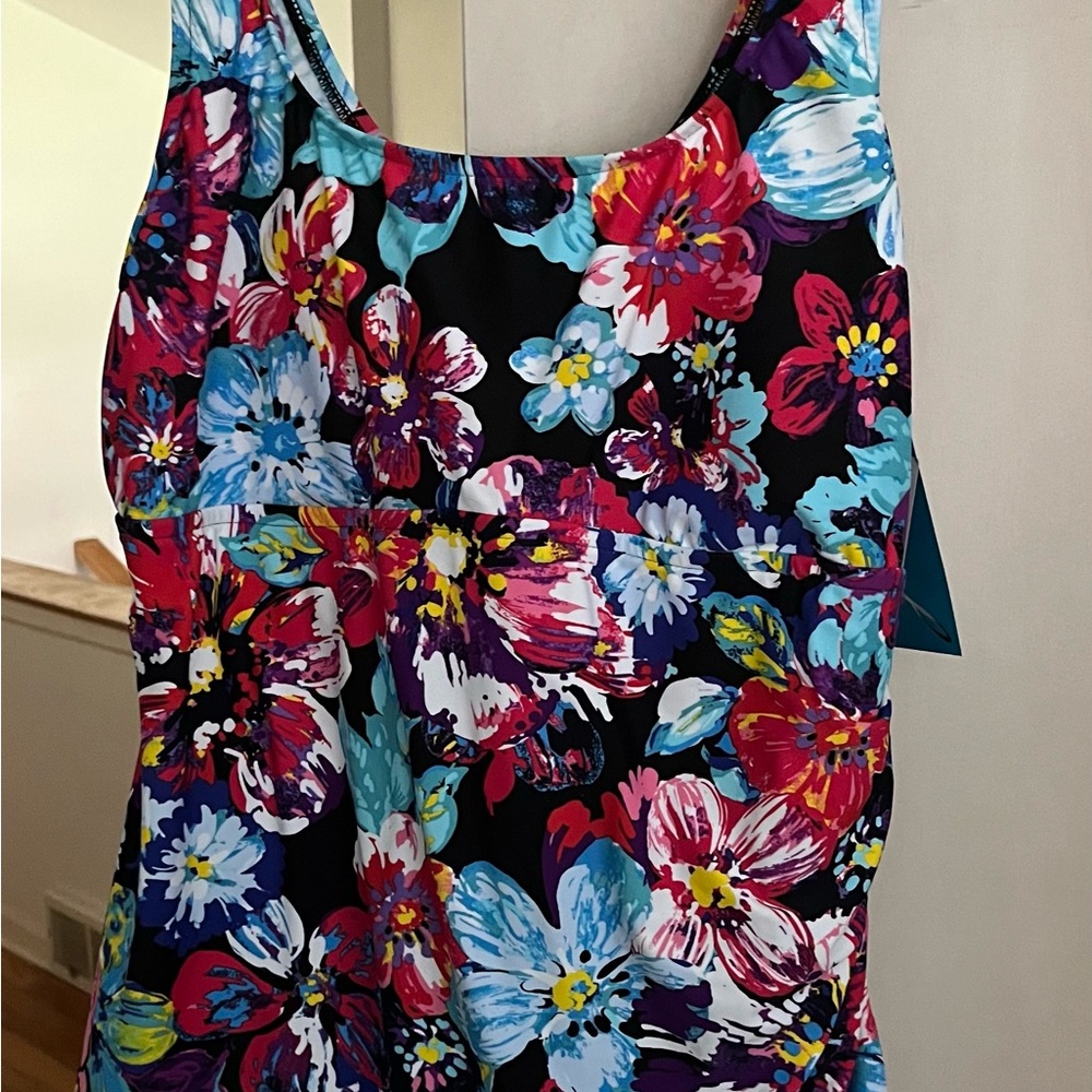 Swim suit one piece with skirt multi color flowery.  Lycra.
